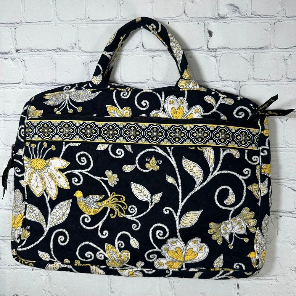 Vera Bradley Night and Day Quilted Laptop Bag Case‎ Sleeve Black Yellow Floral